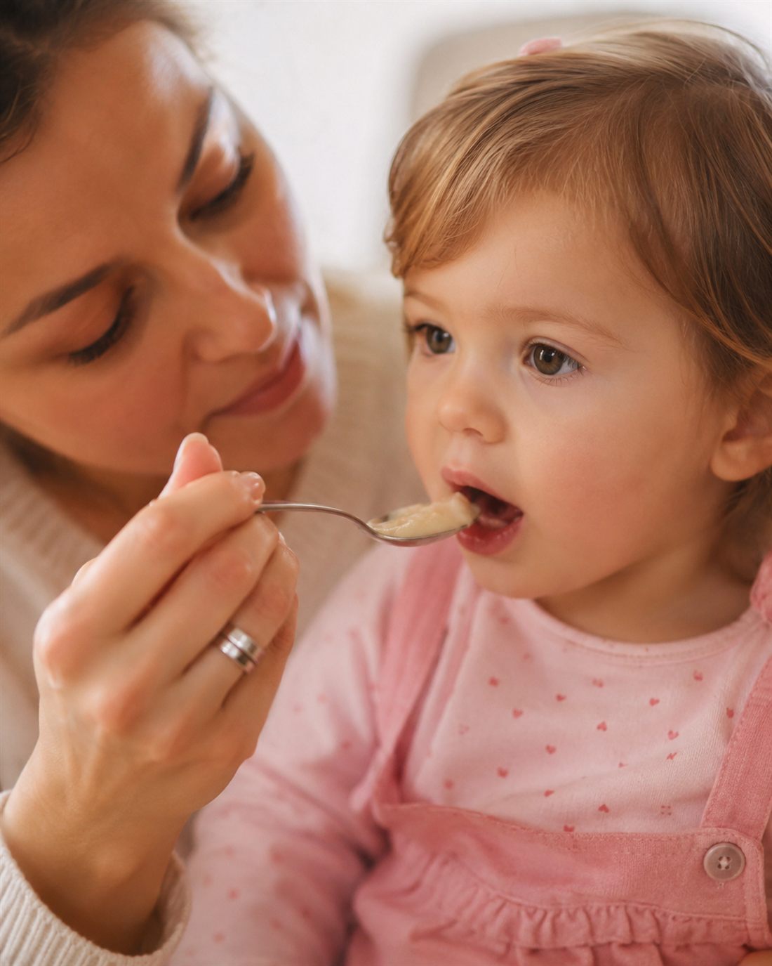 Mãe oferecendo comida ao bebê durante a introdução alimentar